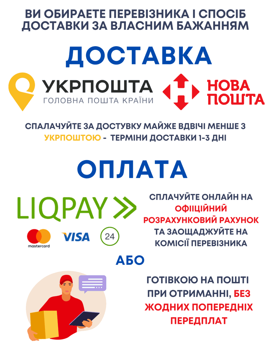 Доставка Укрпоштою та Новою поштою, оплата онлайн або при отриманні